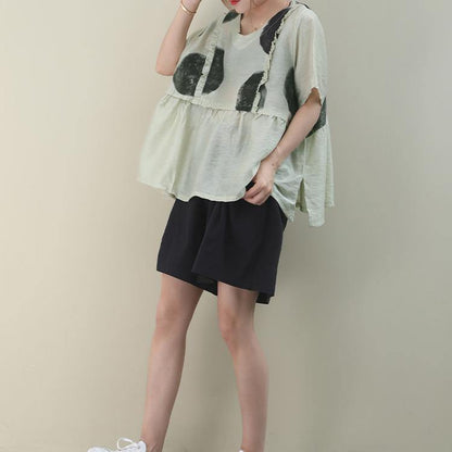 Light Green Dotted Cotton Blouse O Neck Loose Summer Blouse