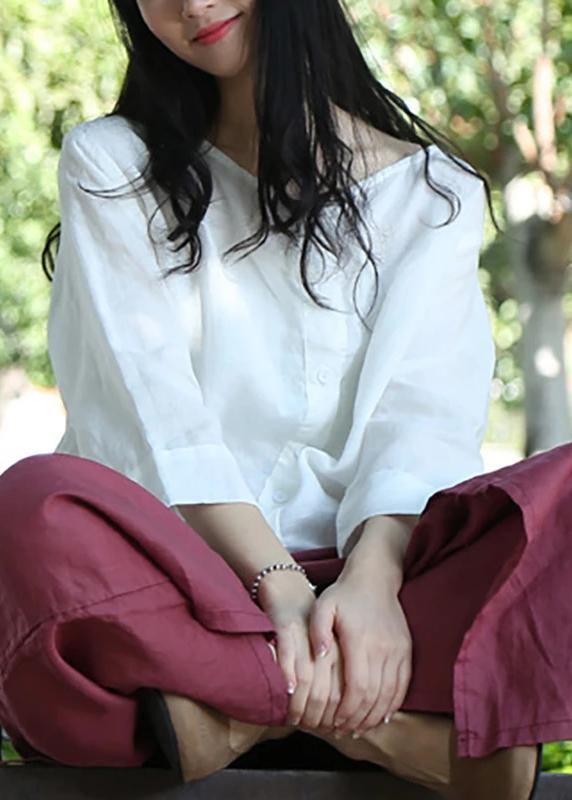 Linen Blouse Color Single Breasted White Reversible Blouse
