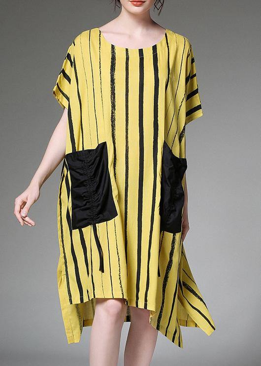 Linen Dress Yellow Striped Print Summer Dresses