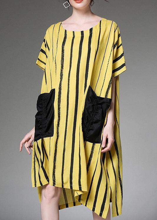 Linen Dress Yellow Striped Print Summer Dresses