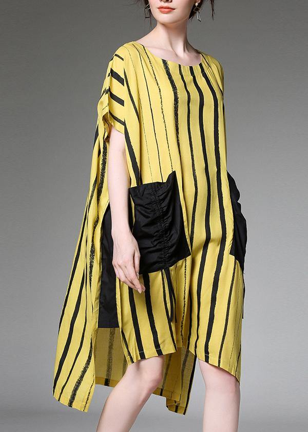 Linen Dress Yellow Striped Print Summer Dresses