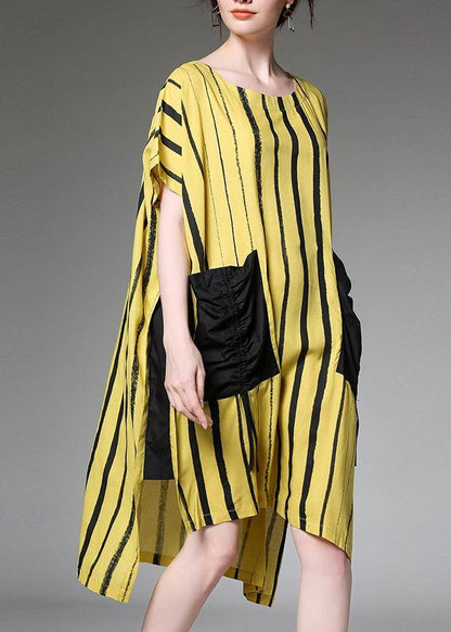 Linen Dress Yellow Striped Print Summer Dresses
