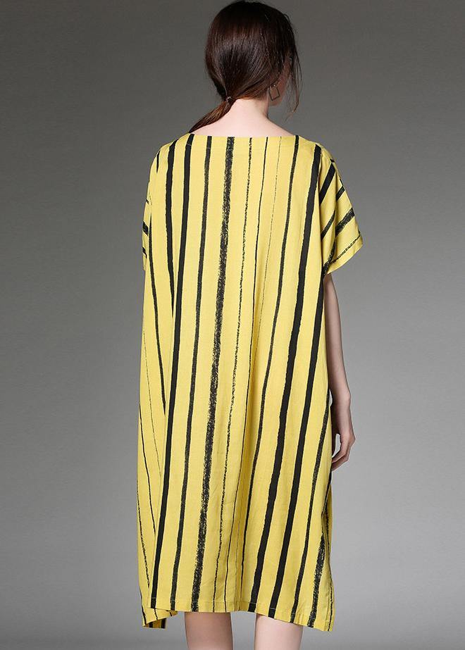 Linen Dress Yellow Striped Print Summer Dresses