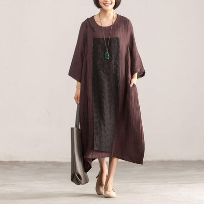 Linen Clothes for Metropolitan Museum Splicing Loose Three Quarter Sleeve Wine Red Dress