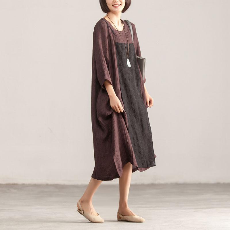 Linen Clothes for Metropolitan Museum Splicing Loose Three Quarter Sleeve Wine Red Dress