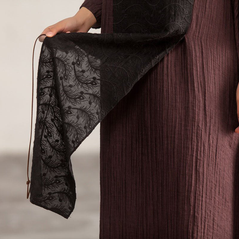 Linen Clothes for Metropolitan Museum Splicing Loose Three Quarter Sleeve Wine Red Dress