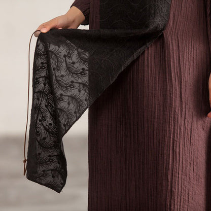 Linen Clothes for Metropolitan Museum Splicing Loose Three Quarter Sleeve Wine Red Dress