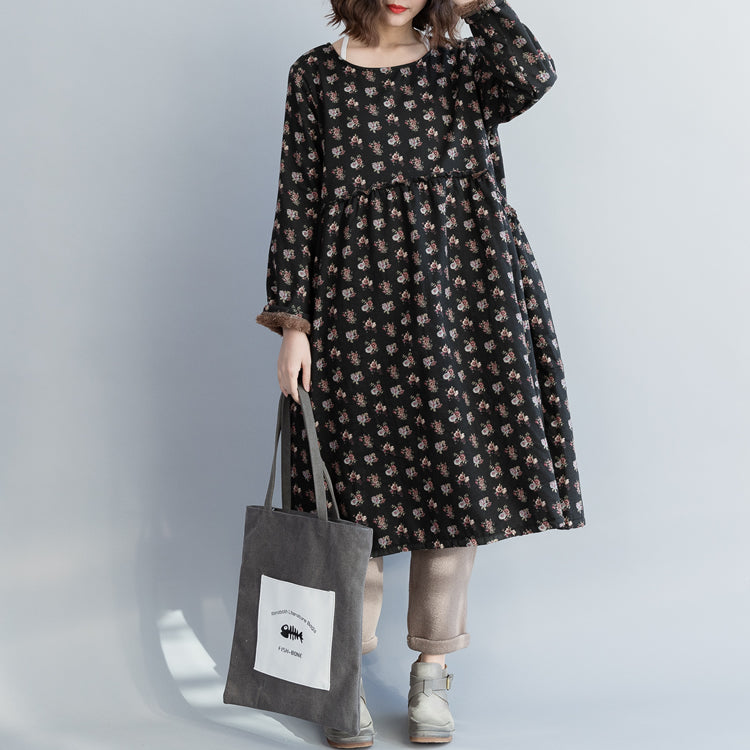 Linen Cotton Dress Pakistani O Neck Cinched Shape Black Love Dresses