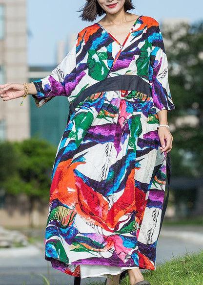Multicolor Cotton Dress V Neck Tie Waist Long Summer Dresses