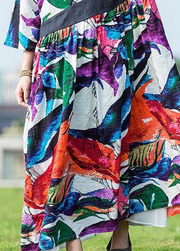 Multicolor Cotton Dress V Neck Tie Waist Long Summer Dresses