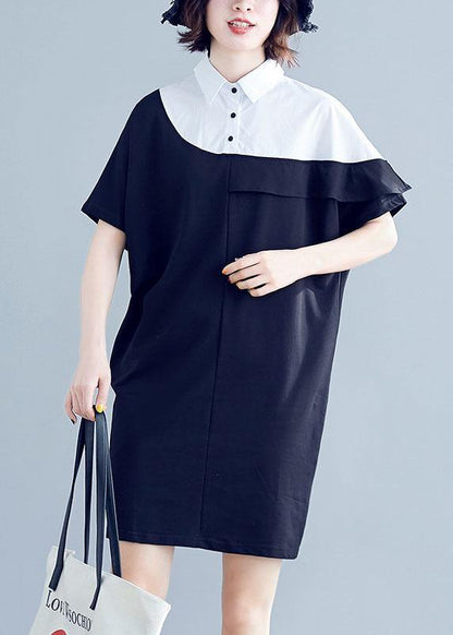 Navy Cotton Dresses O Neck Patchwork Midi Summer Dress