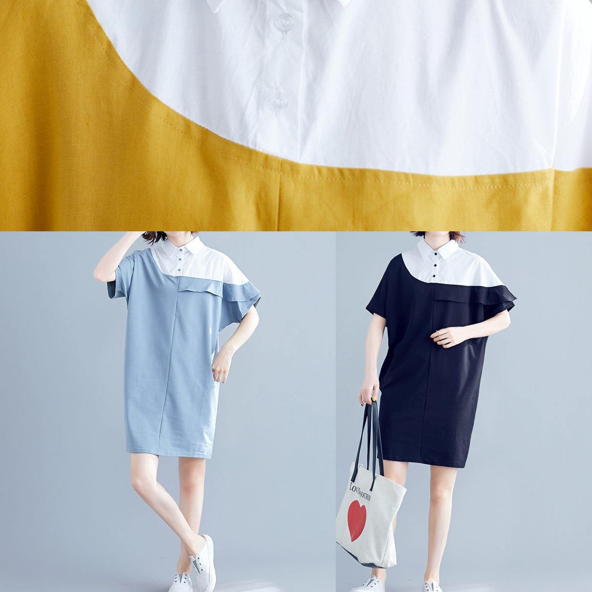 Navy Cotton Dresses O Neck Patchwork Midi Summer Dress