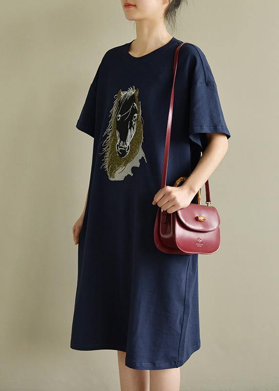 Navy Cotton Outfit O Neck Embroidery Oversized Summer Dress