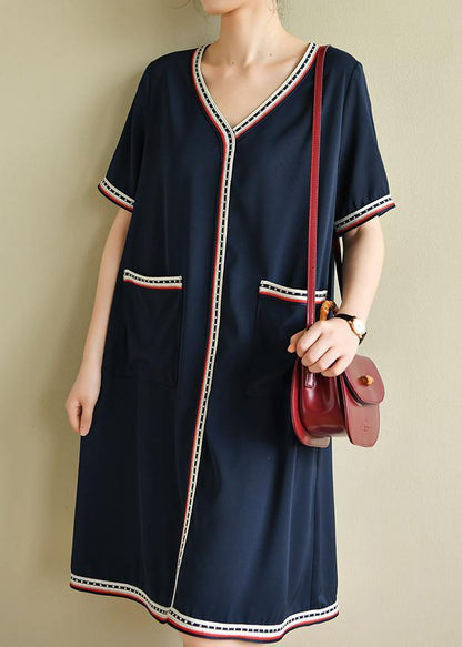 Navy Clothes V Neck Pockets Baggy Summer Dresses