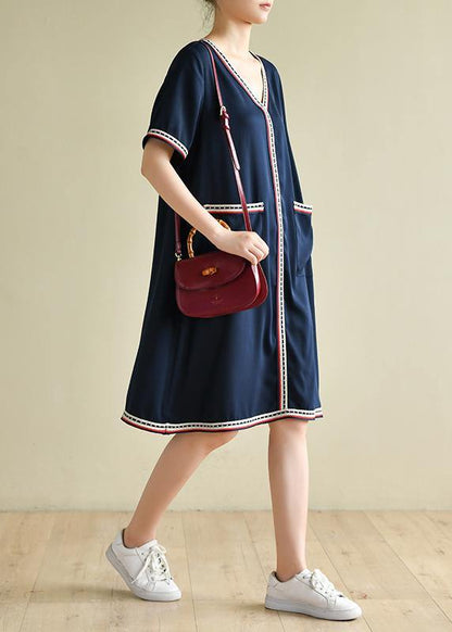 Navy Clothes V Neck Pockets Baggy Summer Dresses