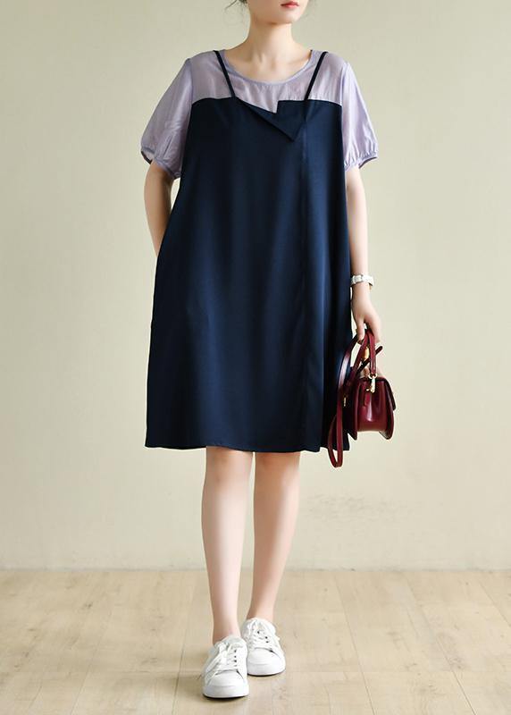 Navy Dress Patchwork False Two Pieces a Line Dresses