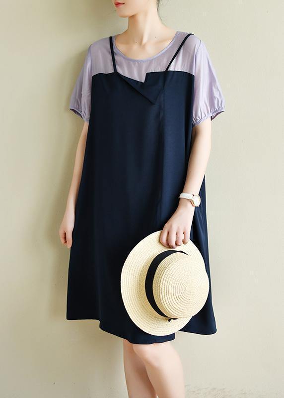 Navy Dress Patchwork False Two Pieces a Line Dresses