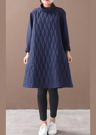 Navy Dresses High Neck Pockets Daily Spring Dresses