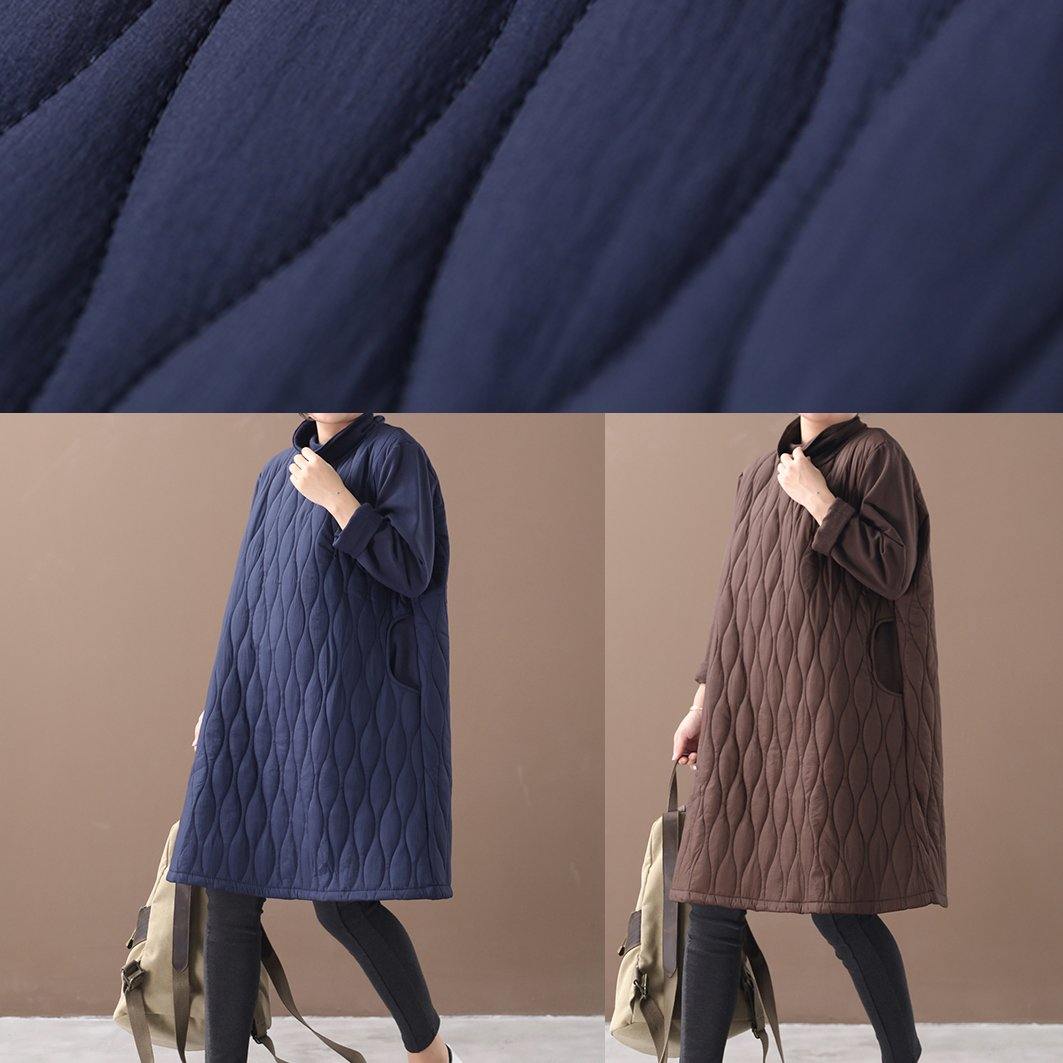 Navy Dresses High Neck Pockets Daily Spring Dresses
