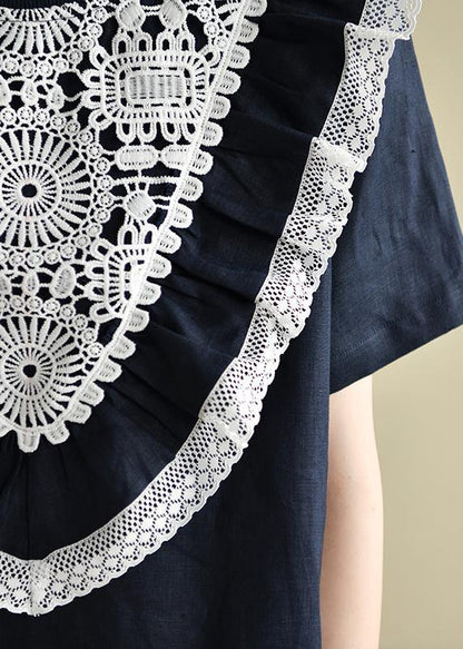 Navy Patchwork Lace Quilting Clothes O Neck Loose Dress