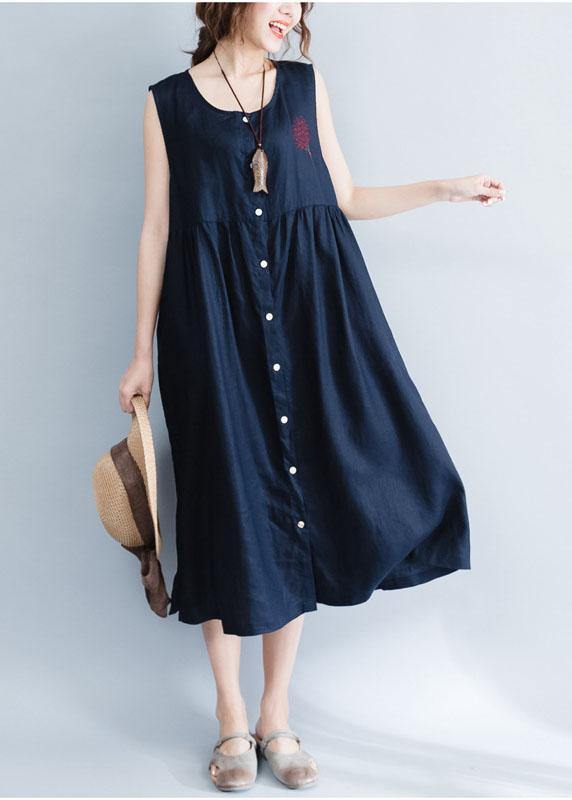 Navy Patchwork Linen Cotton Clothes for Sleeveless Maxi Summer Dress