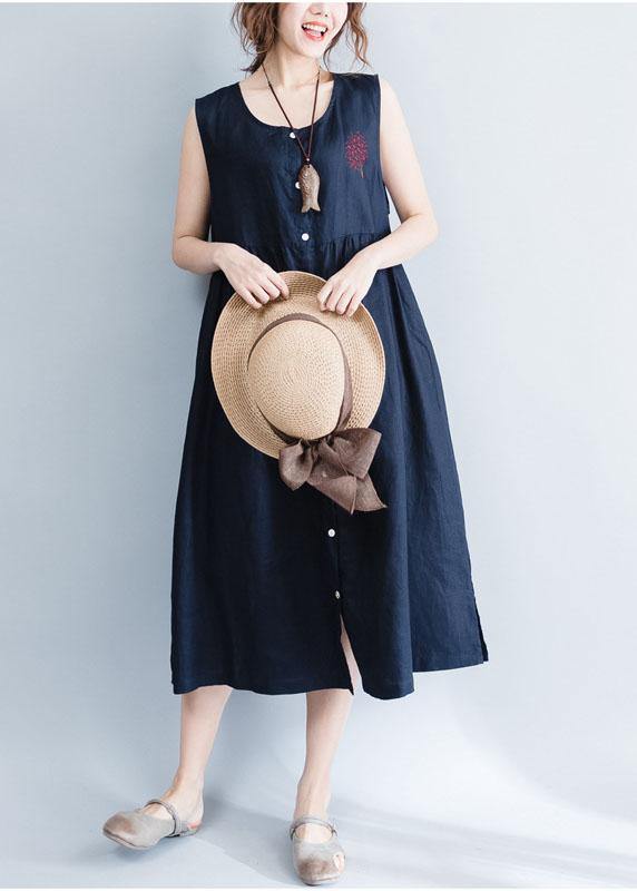 Navy Patchwork Linen Cotton Clothes for Sleeveless Maxi Summer Dress