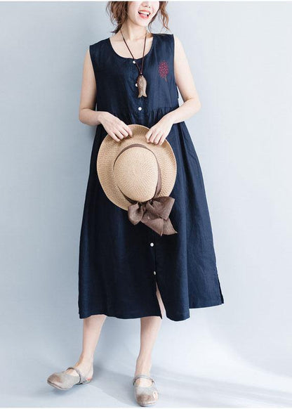 Navy Patchwork Linen Cotton Clothes for Sleeveless Maxi Summer Dress