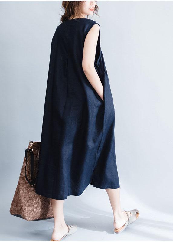 Navy Patchwork Linen Cotton Clothes for Sleeveless Maxi Summer Dress