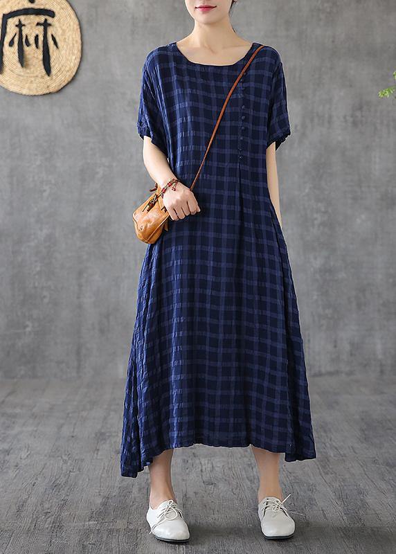Navy Plaid Linen Clothes O Neck Short Sleeve Cotton Robes Dress