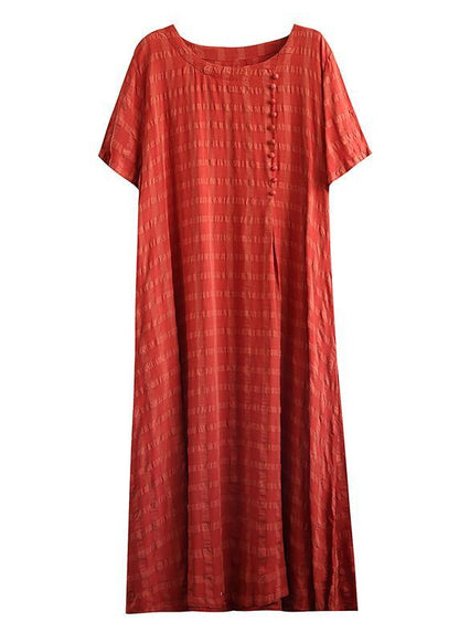 Navy Plaid Linen Clothes O Neck Short Sleeve Cotton Robes Dress