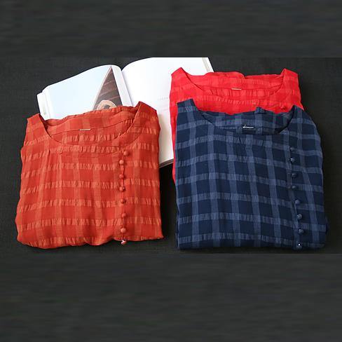 Navy Plaid Linen Clothes O Neck Short Sleeve Cotton Robes Dress