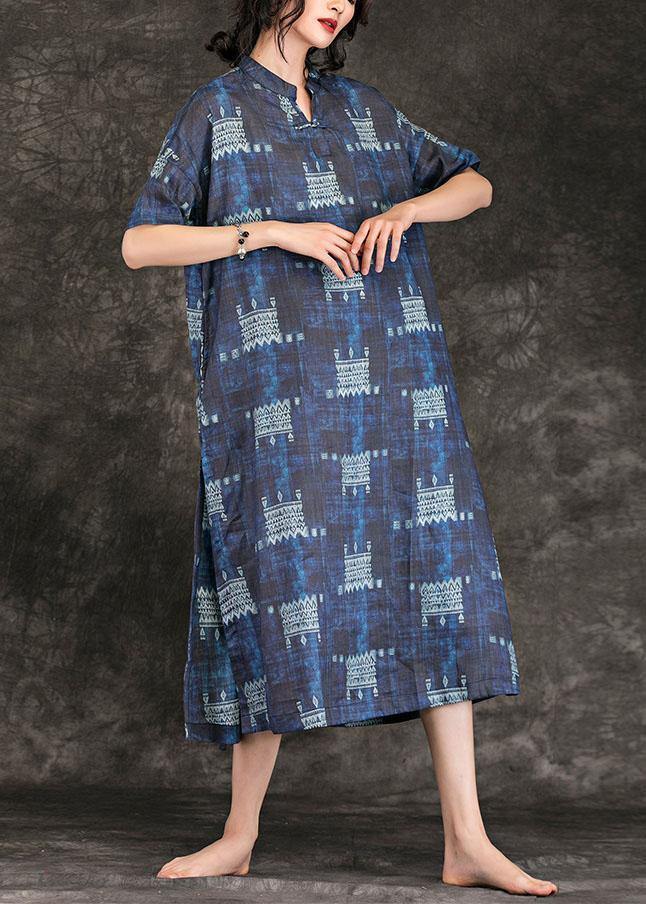 Navy Print Linen Dress Stand Collar Tie Waist Maxi Summer Dress