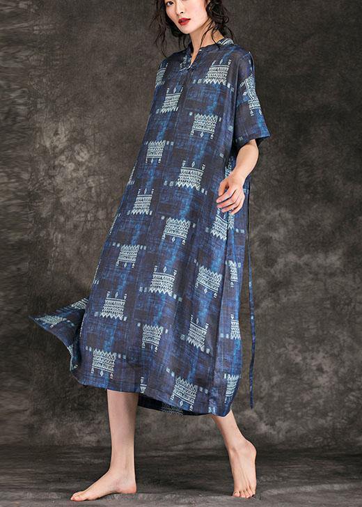 Navy Print Linen Dress Stand Collar Tie Waist Maxi Summer Dress