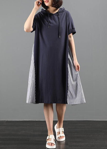 Navy Tunic Dress Hooded Patchwork Striped Maxi Dresses