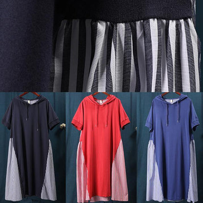 Navy Tunic Dress Hooded Patchwork Striped Maxi Dresses