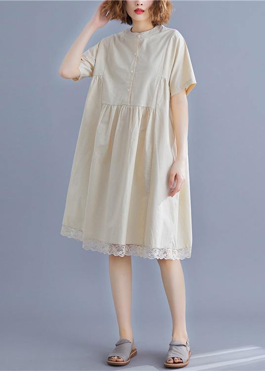 Nude Cotton Quilting Dresses O Neck Patchwork Lace Summer Dresses