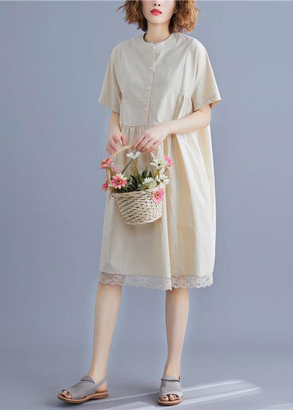 Nude Cotton Quilting Dresses O Neck Patchwork Lace Summer Dresses