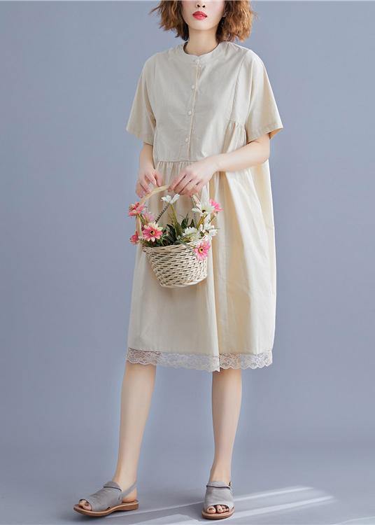 Nude Cotton Quilting Dresses O Neck Patchwork Lace Summer Dresses