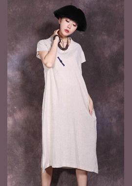 Nude V Neck Linen Dress Side Open Summer Dresses