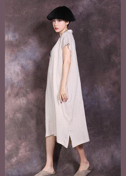 Nude V Neck Linen Dress Side Open Summer Dresses