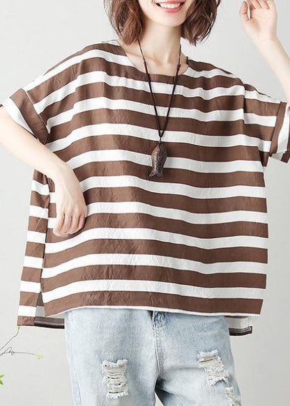 O Neck Batwing Sleeve Cotton Tunic Top Work Chocolate Striped Shirt
