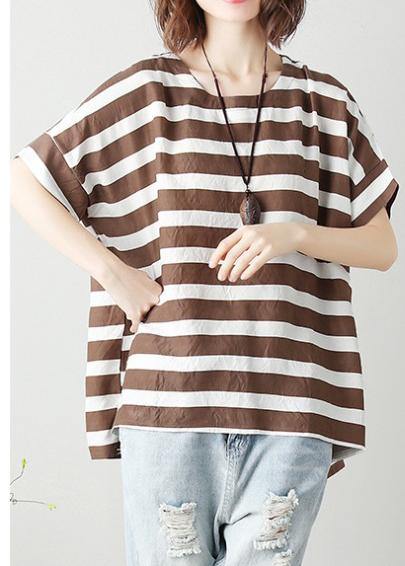 O Neck Batwing Sleeve Cotton Tunic Top Work Chocolate Striped Shirt