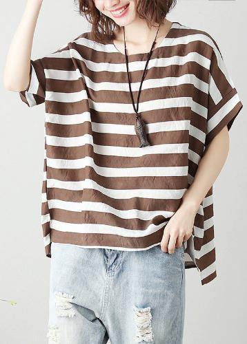 O Neck Batwing Sleeve Cotton Tunic Top Work Chocolate Striped Shirt