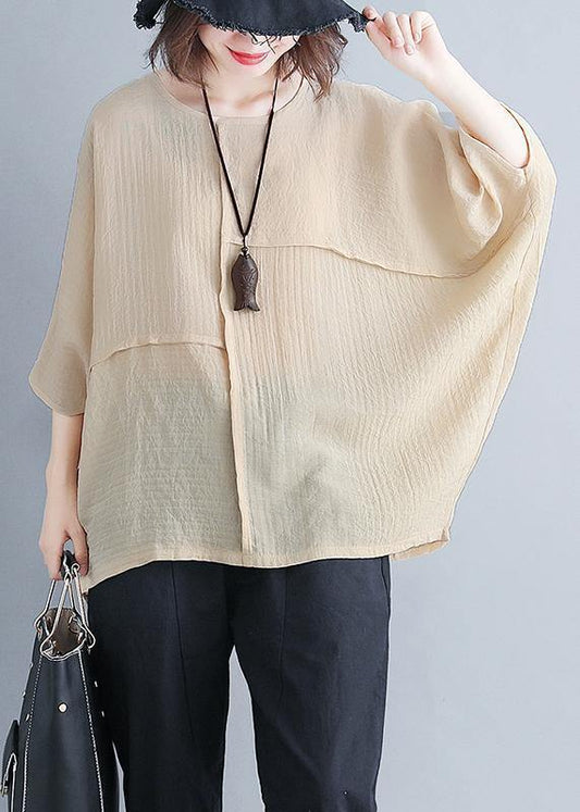 O Neck Batwing Sleeve Patchwork Cotton Blended Clothes for Omychic Photography Beige Yellow Knee Shirt Summer