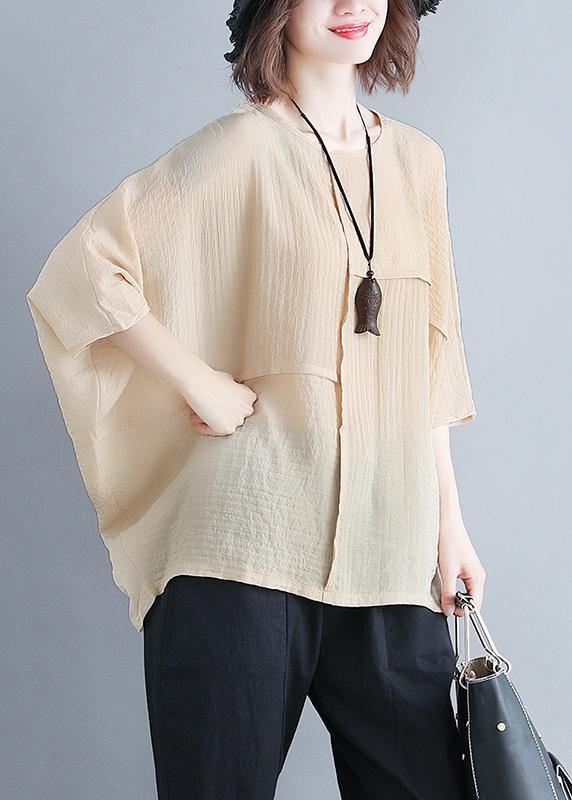 O Neck Batwing Sleeve Patchwork Cotton Blended Clothes for Omychic Photography Beige Yellow Knee Shirt Summer
