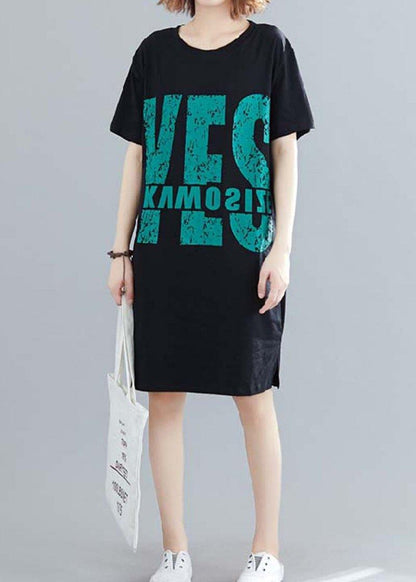 O Neck Cotton Clothes Black Print Dress Summer