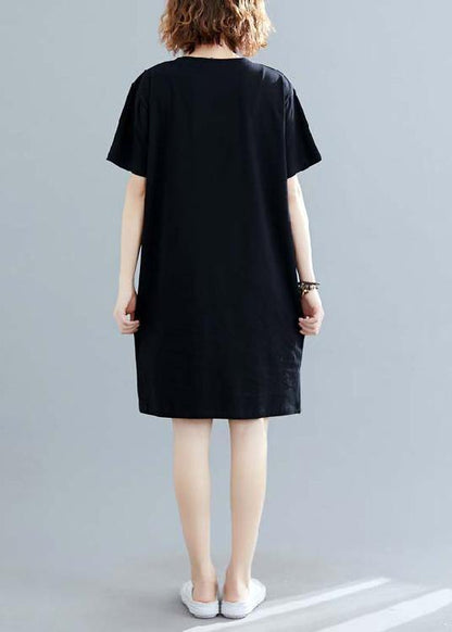 O Neck Cotton Clothes Black Print Dress Summer