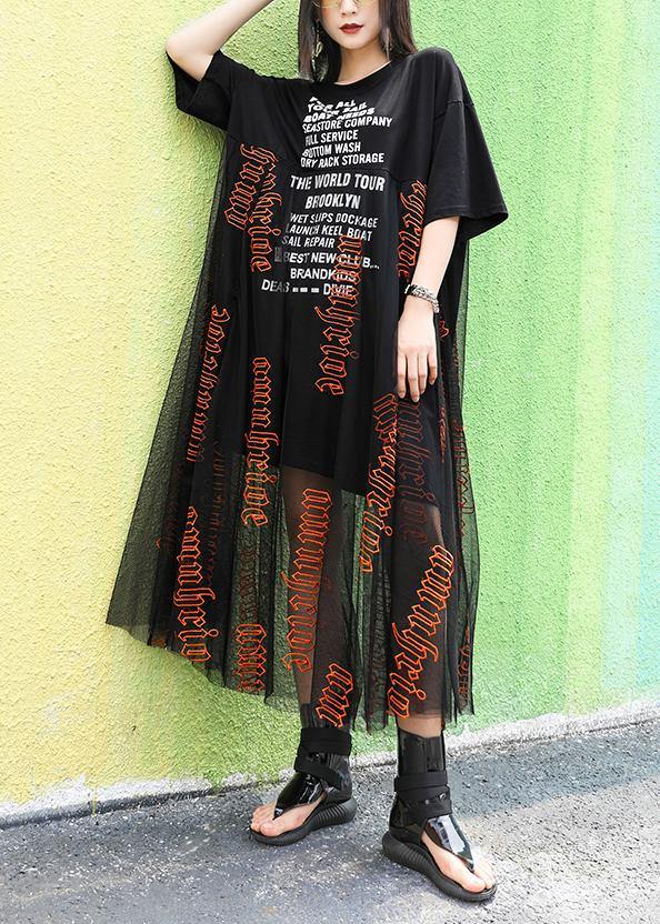 O Neck Letter Cotton Summer Long Pattern Black Dresses