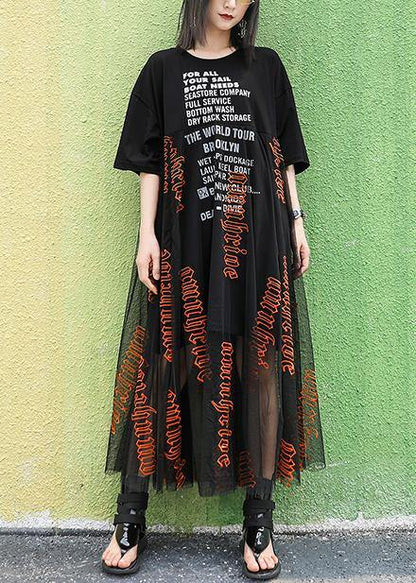 O Neck Letter Cotton Summer Long Pattern Black Dresses
