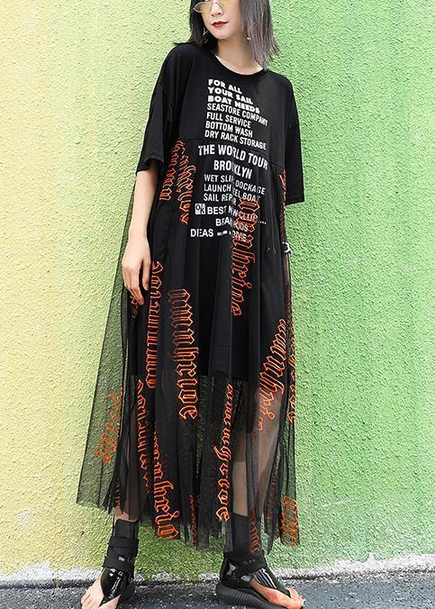 O Neck Letter Cotton Summer Long Pattern Black Dresses